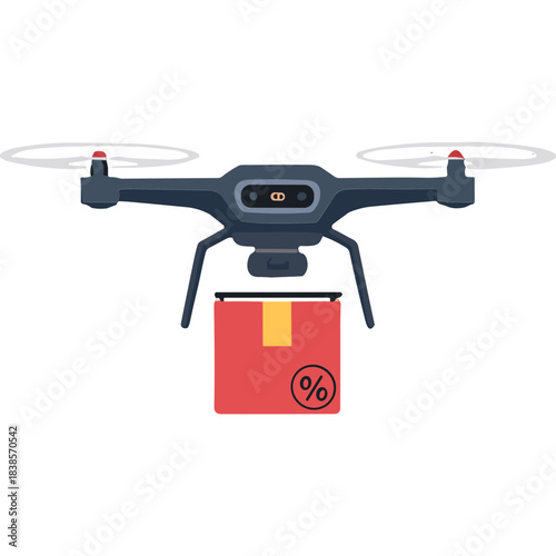 A Modern Drone Delivers a Red Package with a Discount Symbol Against a Dark Background Representing Futuristic Logistics and E-commerce Innovation