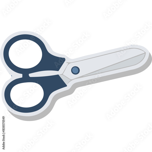 A pair of blue and white scissors with a gray center pin lies on a transparent black background with a soft white outline around the scissors emphasizing their clean design and sharp blades perfect