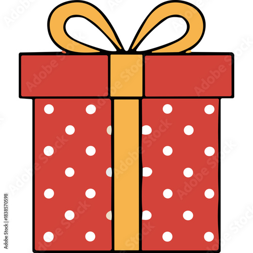 A Red Gift Box with White Polka Dots and an Orange Ribbon Bow Tied on Top a Festive Present with a Simple Design Isolated on a Black Background