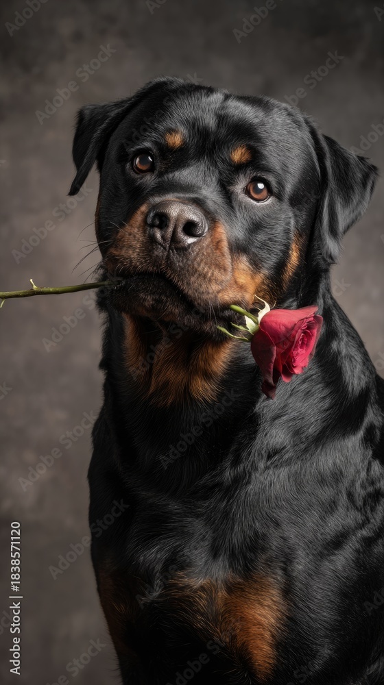 Obraz premium Elegant rottweiler dog with romantic red rose in mouth on dark studio background — Valentine's Day animal portrait with strong and tender expression