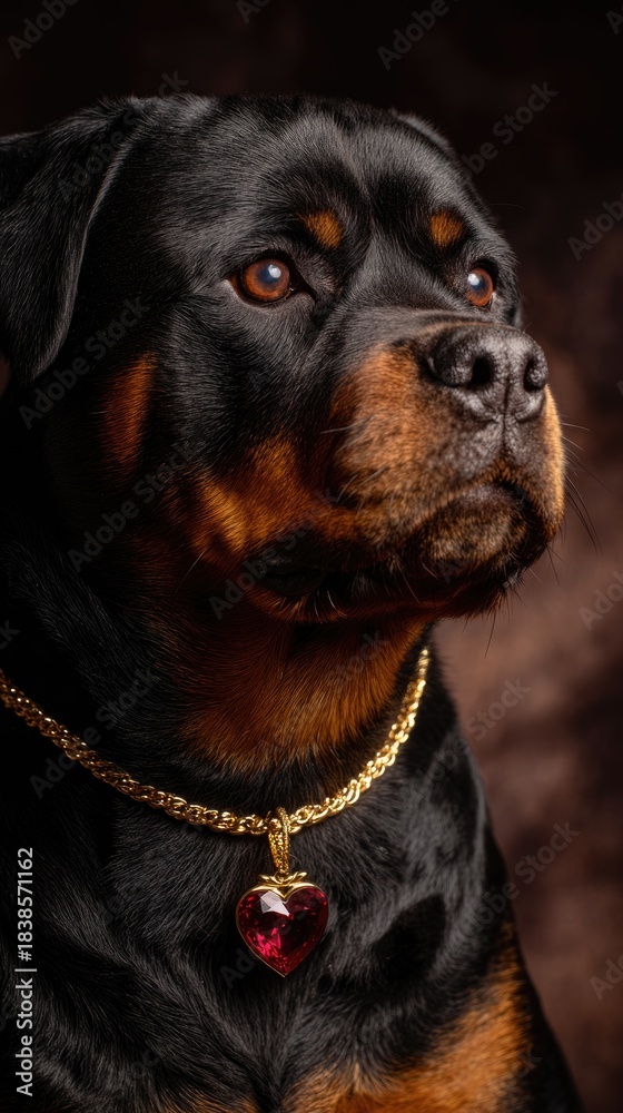 Obraz premium Elegant rottweiler dog wearing gold chain necklace with red gemstone heart pendant — luxurious studio portrait of stylish pet on dark background