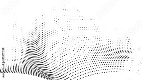 Black Halftone Curved Mesh Wave Pattern for Modern Posters, Tech Backgrounds, Abstract Digital Layouts, Futuristic Design Elements vector illustration
