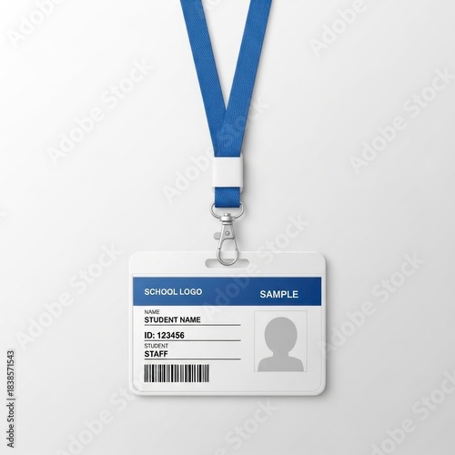 A generic school identification card with a blue lanyard, featuring student details and a barcode.