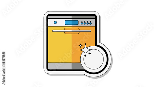 Yellow Dishwasher Machine with Shiny Plate Symbol Representing Cleanliness and Kitchen Appliance Efficiency Icon