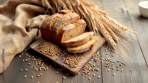 sliced loaf of bread with wheat grains and grains on wooden surface.