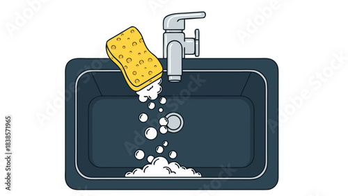 Yellow Sponge Squeezing Bubbles Into A Dark Blue Sink With Chrome Faucet And Running Water In A Clean Kitchen With White Background