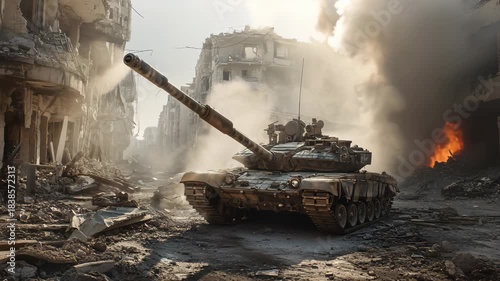 Powerful military tank firing its cannon in a war-torn city. Devastating urban warfare scene with smoke, fire, and bombed buildings