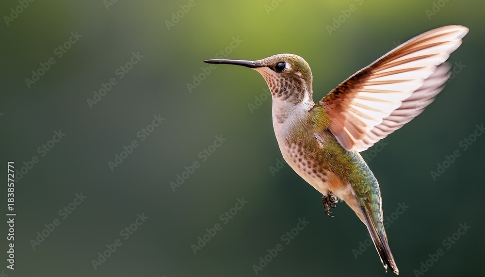 Fototapeta premium blurry hummingbird in flight soft green and gray background nature photography