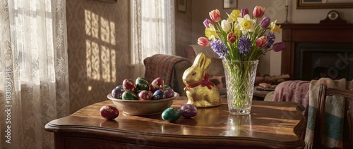 Spring celebration with colorful eggs and flowers in a home setting