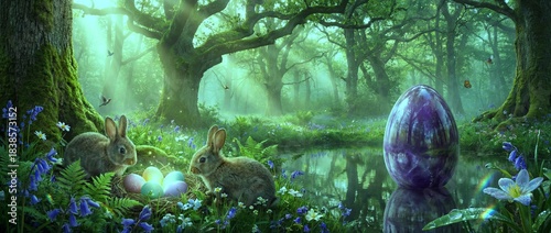 Bunnies gather around eggs near a pond in a forest setting