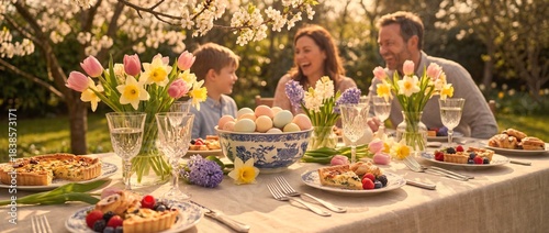 Family gathers for festive meal in garden during springtime