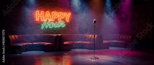 Neon sign shines in empty bar during happy hour time