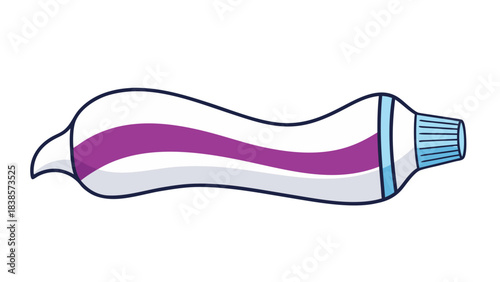 A cartoon illustration of a squeezed white toothpaste tube with purple stripe and blue cap on a black background representing oral hygiene and dental care products