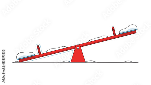 A bright red metal seesaw covered in white snow sits in a wintry playground with a black background and sharp white outlines