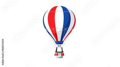 A colorful hot air balloon with red white and blue stripes floats against a black background ready for adventure