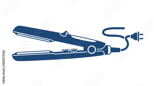 A Dark Blue Hair Straightener With Cord and Plug On A Black Background Detailed Silhouette Of A Hair Styling Tool For Professional Use Or Home Beauty Routine