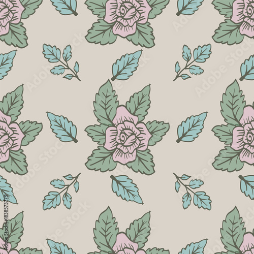 Seamless pattern with hand drawn rose flowers. Vector illustration.