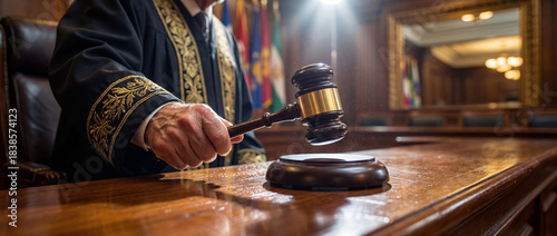 Judge uses gavel in court during early afternoon session