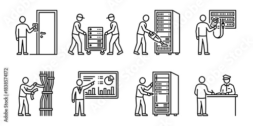 Data center logistics and network infrastructure line icons set