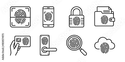 Fingerprint scanning and biometric security line icons set