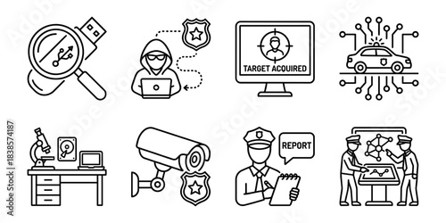 Cyber police investigation and digital evidence line icons set