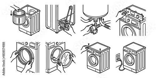 Washing machine repair and laundry appliance maintenance line icons set