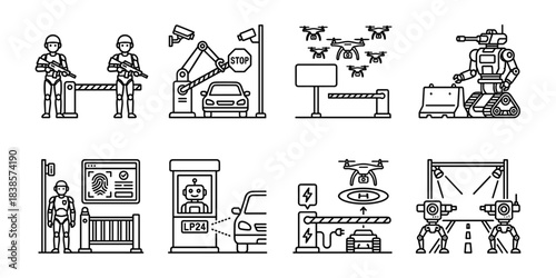 Autonomous border patrol and military robot line icons set