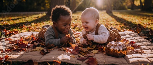 Two babies play with leaves on a blanket during fall afternoon