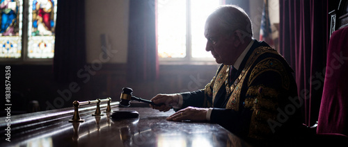 Judge using gavel in courtroom with stained glass windows