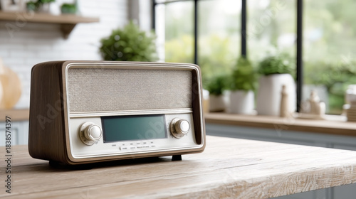 Close-Up of Vintage Radio Receiver on Wooden Table in Cozy Kitchen.