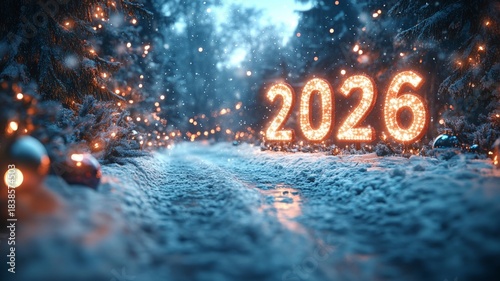 A cinematic snowy forest path illuminated by glowing 