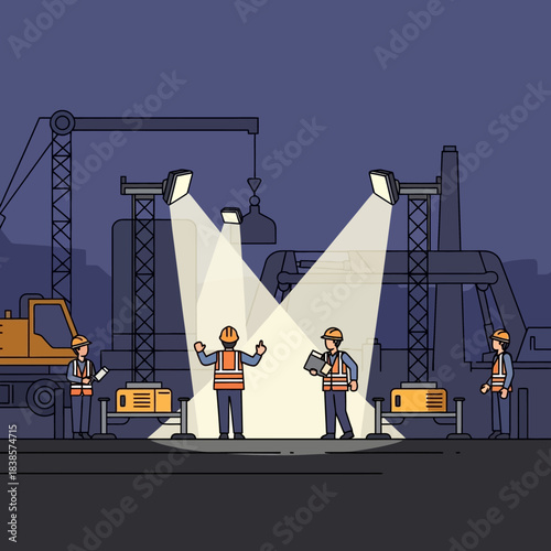 Construction workers illuminated by spotlights on a dark industrial site.