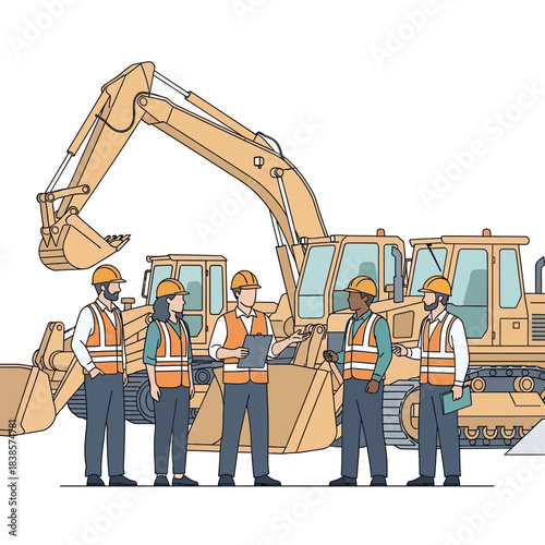 Construction workers in hard hats and safety vests discussing plans.