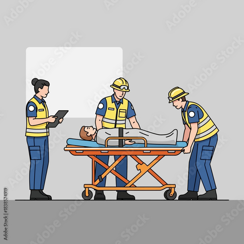 Emergency medical team transporting an injured patient on a stretcher.