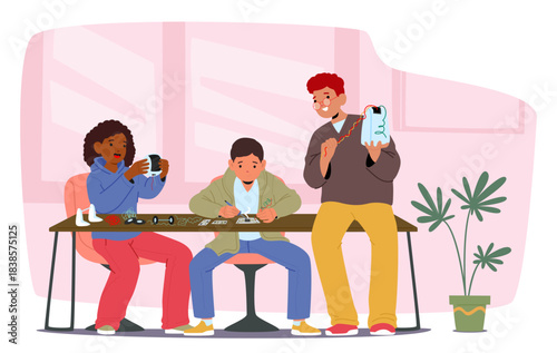 Diverse group of children enthusiastically engaged in robotics club as after school activities scene