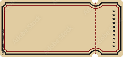 Blank vintage ticket or coupon template with dashed perforation line and decorative star design. Retro admission coupon design for event, movie, or raffle entrance Editable vector illustration.