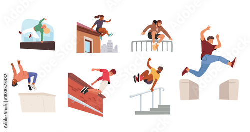 Young brave parkour sportsman and sportswoman characters enjoying outdoor extreme city sport