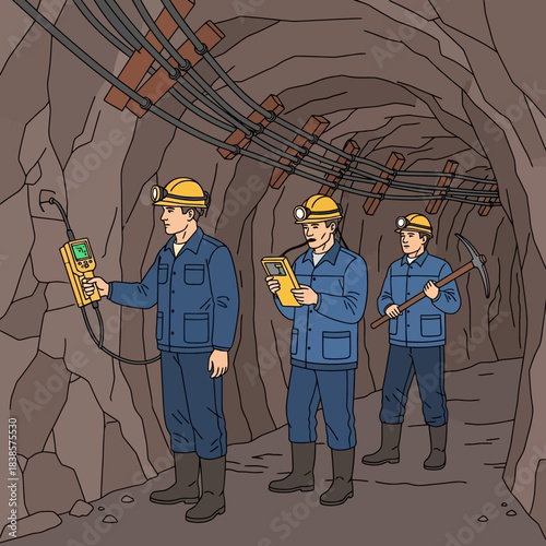Miners inspecting equipment and taking notes in a tunnel.