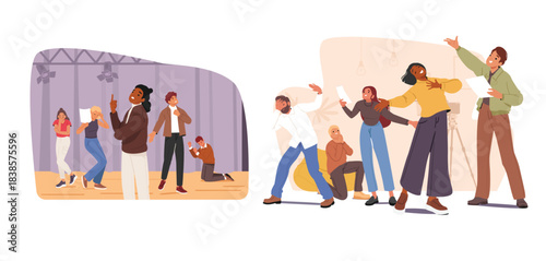 Drama theatre class for people set with diverse male female characters experiencing improvisation