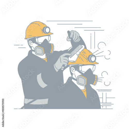 Two miners in hard hats and respirators working underground.