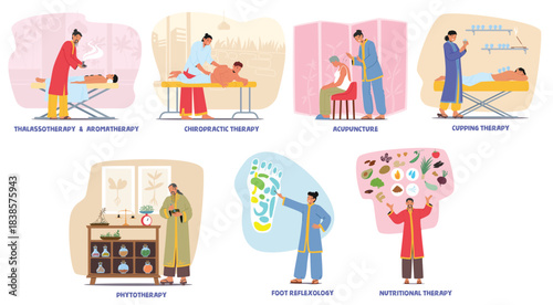 Eastern alternative medicine cartoon scene set with different holistic health and wellness practices