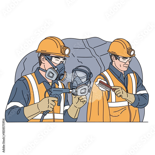 Two miners in safety gear inspecting equipment in a mine.