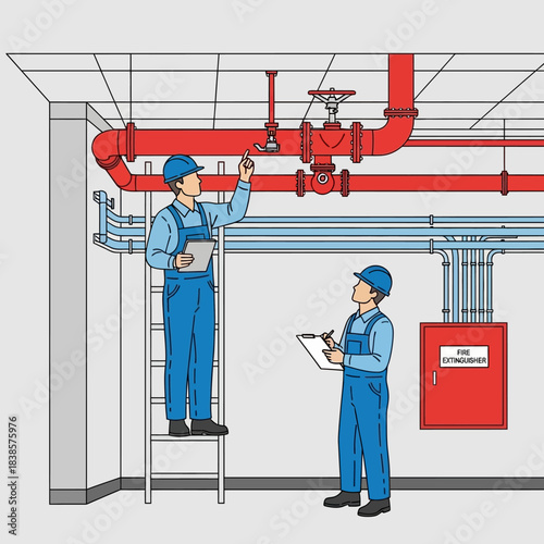 Two workers inspecting industrial pipes and equipment.