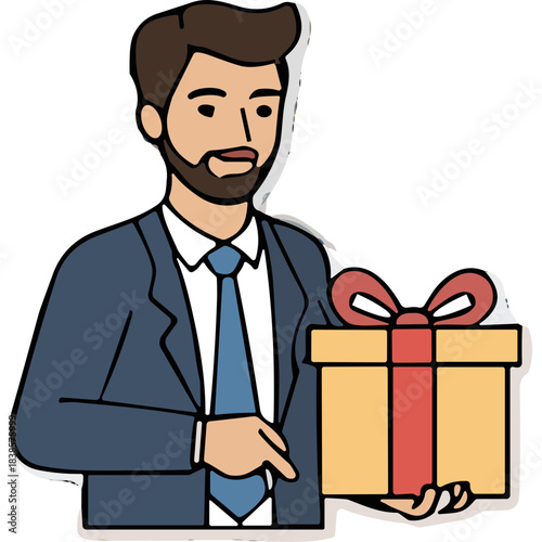 Bearded Man in Blue Suit and Tie Holding a Yellow Gift Box with Red Ribbon and Bow Awaiting Presentation or Celebration Festive Occasion Isolated on White Background