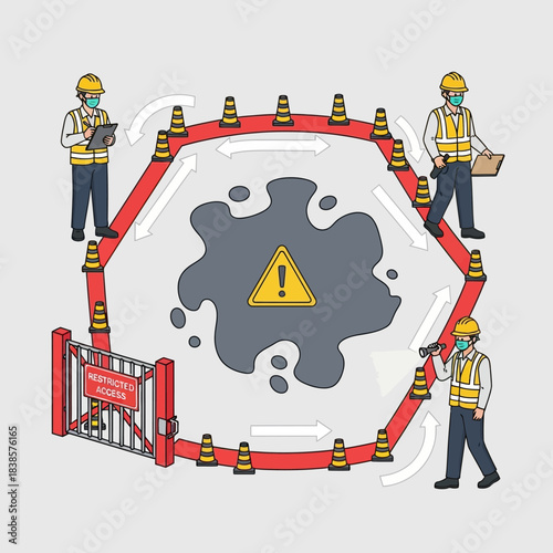 Workers securing a hazardous spill area with safety cones and barriers.