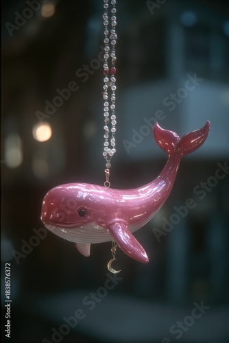 Pink ceramic whale charm with moon pendant hangs on beaded chain.