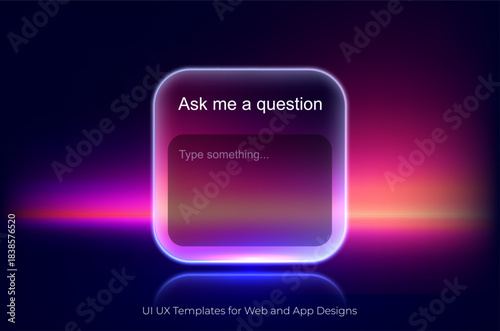 Neon glass frame with a blurred glass effect. Ask me a question box. Glassmorphism frame on neon gradient background. Transparent glass plate with place for text. Vector user interface design.