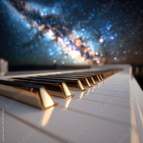 Piano keys reflect a starry galaxy, symbolizing cosmic music and inspiration.