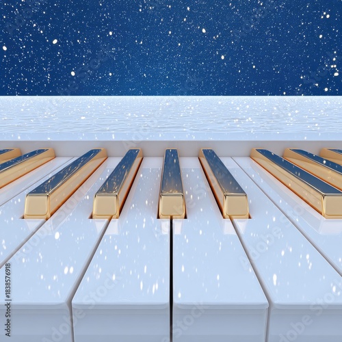 Golden piano keys rest on a snowy landscape beneath a starry night sky.