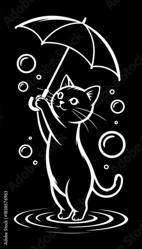 Doodle illustration of a cat with an umbrella standing in a puddle on a black background. Vector graphics. EPS.
